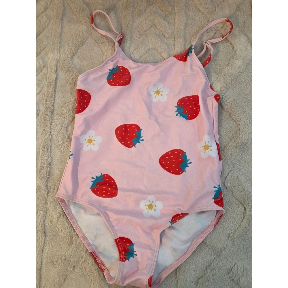 Girls Pink Strawberry Flower Print‎ One Piece Swimsuit Size L Adjustable Straps